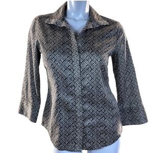 Talbots Fitted Wrinkle Resistant 100% Cotton Brown & Tan V-Neck Shirt in Size 6